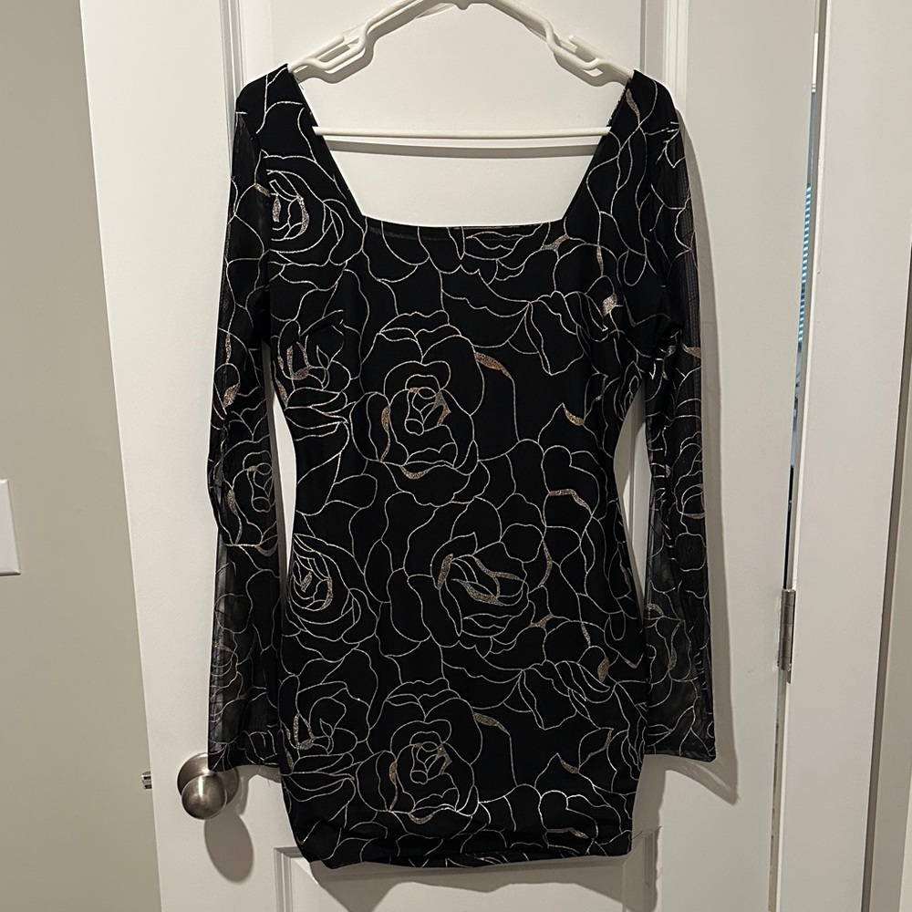 Privy Black and Gold Rose Pattern Mini Dress